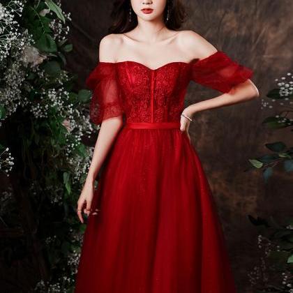 Red Short Sleeves Tulle With Lace Formal Dress,..
