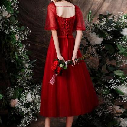 Red Short Sleeves Tulle With Lace Formal Dress,..