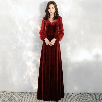Beautiful Dark Red Long Sleeves Velvet A-line..