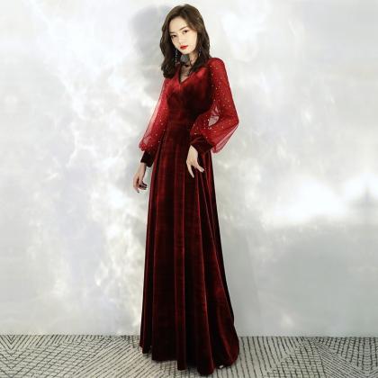 Beautiful Dark Red Long Sleeves Velvet A-line..
