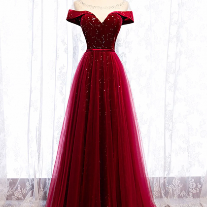 Burgundy Velvet And Tulle Long Prom Dress, A-line..