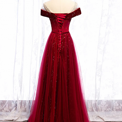 Burgundy Velvet And Tulle Long Prom Dress, A-line..