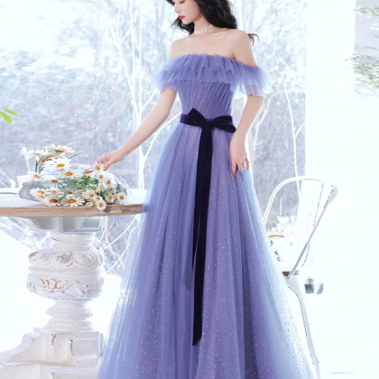 Light Purple Tulle Off Shoulder Long Formal Dress..