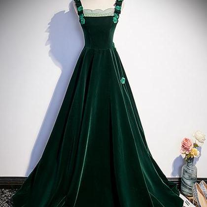 Green Velvet Straps Long Formal Gown With Flowers,..