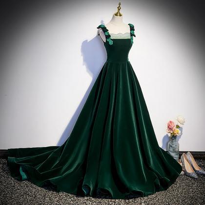 Green Velvet Straps Long Formal Gown With Flowers,..
