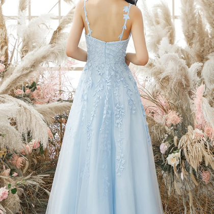 V Neck Open Back Light Blue Lace Long Prom..