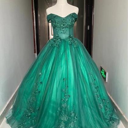 Green Tulle Ball Gown Off Shoulder Sweet 16..