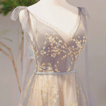 A-line Grey Tulle with Lace Appliqued V-neck Prom Dresses,Long Formal Gowns