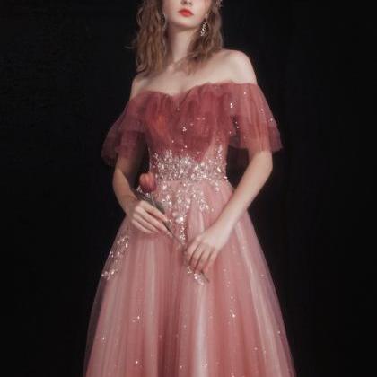 Pink Off Shoulder Long Party Dress With Lace,..