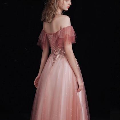 Pink Off Shoulder Long Party Dress With Lace,..