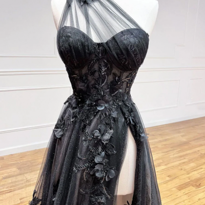 Black Tulle One Shoulder Long Party Dress With Leg..