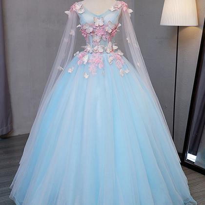 Light Blue Fairy Butterfly Lace Ball Gown Prom..