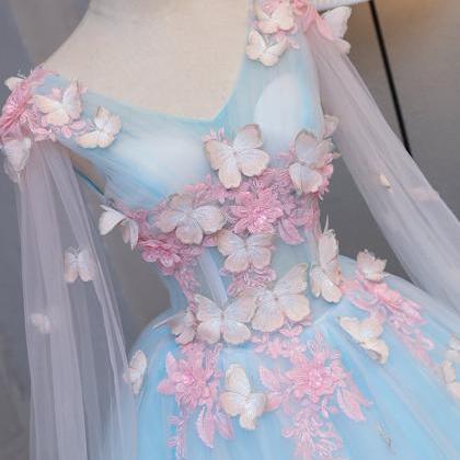 Light Blue Fairy Butterfly Lace Ball Gown Prom..