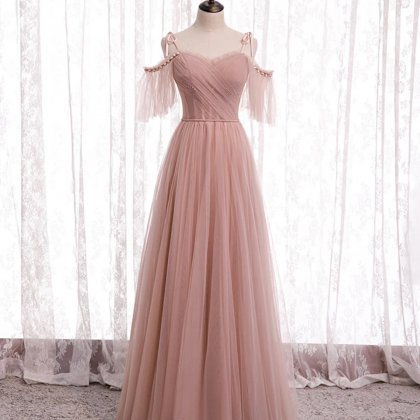 Pink Tulle Simple Long Wedding Party Dresses, Pink..