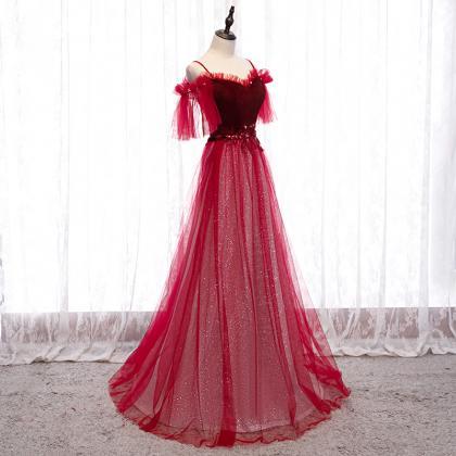 Wine Red Velvet And Tulle Party Dress, A-line..