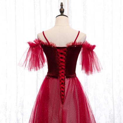 Wine Red Velvet And Tulle Party Dress, A-line..
