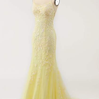 Backless Yellow Lace Long Prom Dresses, Mermaid..