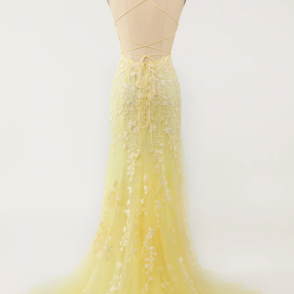 Backless Yellow Lace Long Prom Dresses, Mermaid..