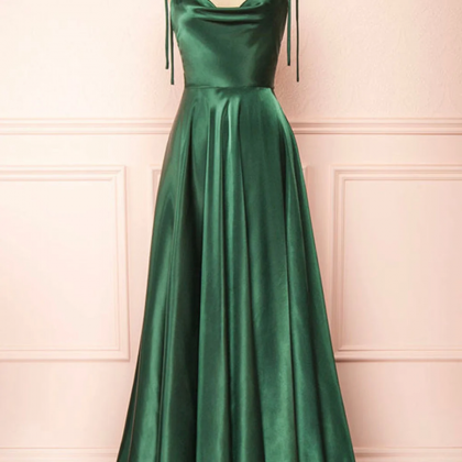 Backless Green Satin Long Prom Dresses, Backless..