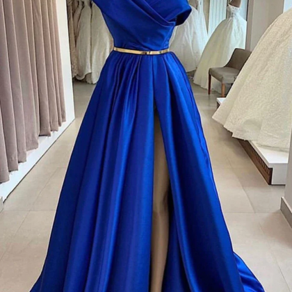 One Shoulder Royal Blue Satin Long Formal Dress,..