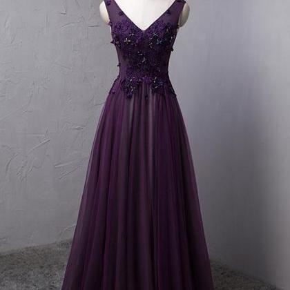 Dark Purple Floor Length Prom Dress, A-line Tulle..