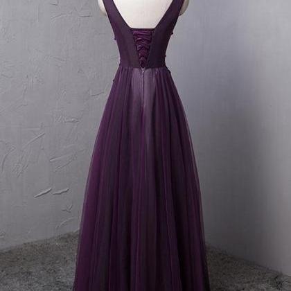 Dark Purple Floor Length Prom Dress, A-line Tulle..