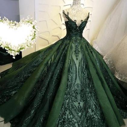 Shiny Green Tulle Ball Gown Formal Dress, Shiny..