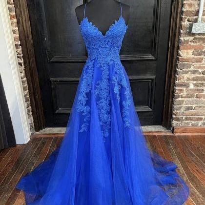Blue Tulle With Lace V-neckline Floor Length Party..