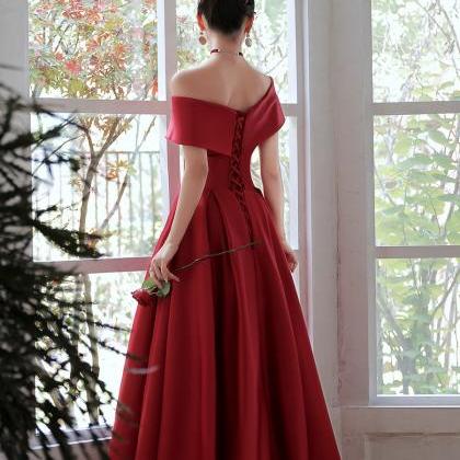 Red Satin Off Shoulder Formal Dress, Red Evening..