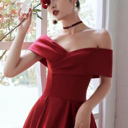 Red Satin Off Shoulder Formal Dress, Red Evening..