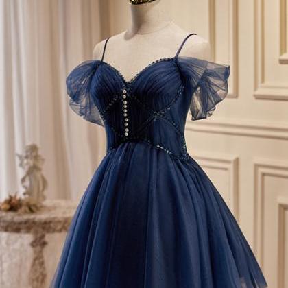 Navy Blue Short Tulle Prom Dress, Blue Beaded..