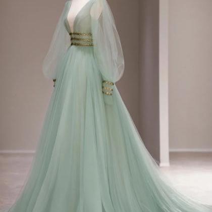 Green Tulle Puffy Sleeves Long Formal Dress, Green..