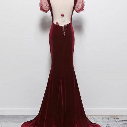 Charming Burgundy Mermaid Velvet Party Dress, Wine..