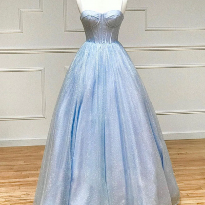Shiny A-line Tulle Blue Long Prom Dress, Blue..