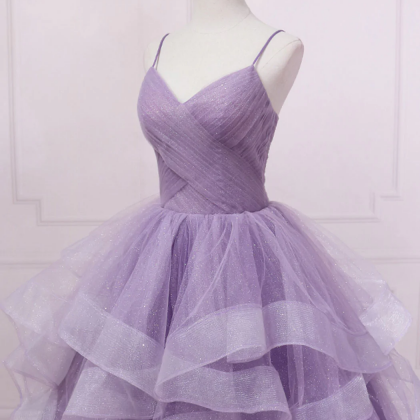 Purple V Neck Tulle Long Prom Dress, Purple Tulle..