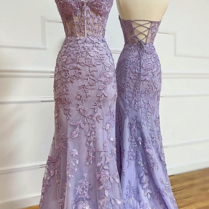 Lavender Lace Long Prom Dresses, Me..