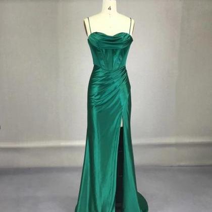 Green Satin Straps Lace-up Long Evening Dress,..