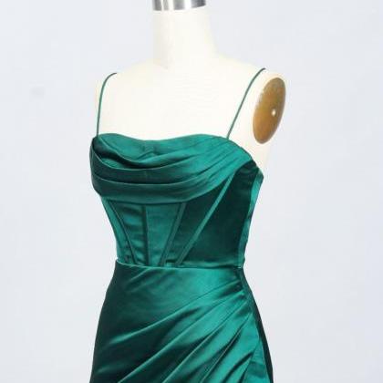 Green Satin Straps Lace-up Long Evening Dress,..