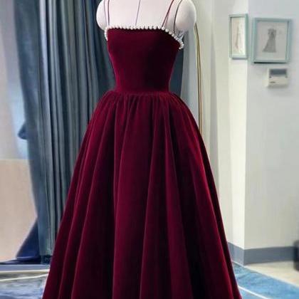 Dark Red Straps Velvet Party Dress With Pearls,..