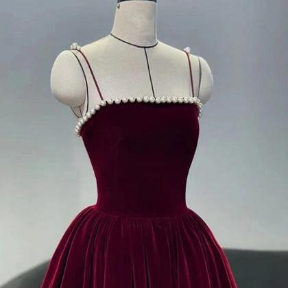 Dark Red Straps Velvet Party Dress With Pearls,..