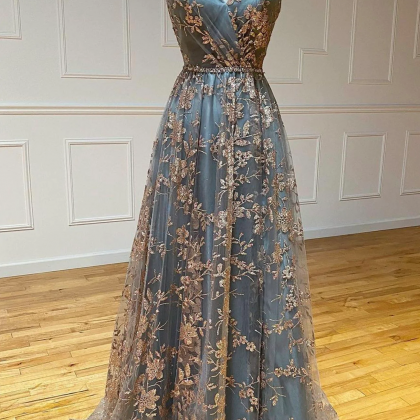 Grey-blue Tulle Sequins A-line Long Prom Dresses,..