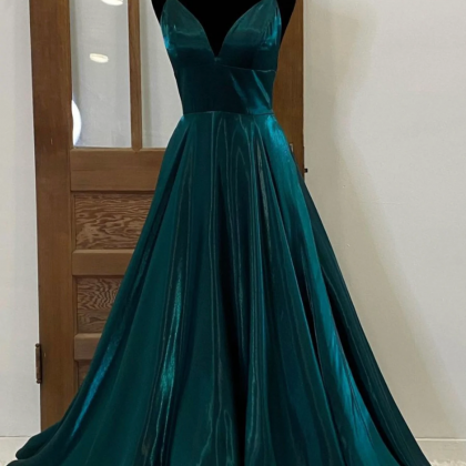 Green Satin Long Prom Dresses, Simple V-neck..