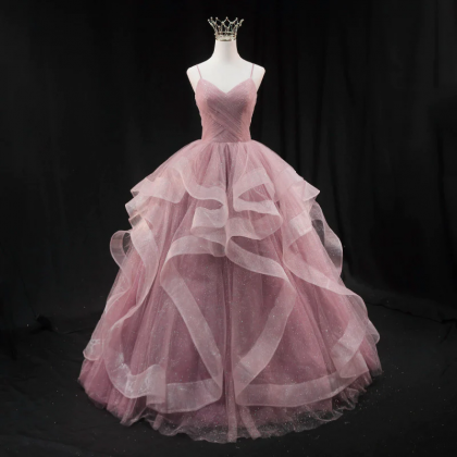 Pink Ball Gown Tulle Long Formal Dr..