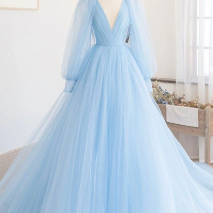 Blue V-Neck Tulle Long Prom Dress, ..