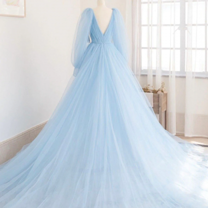 Blue V-Neck Tulle Long Prom Dress, ..