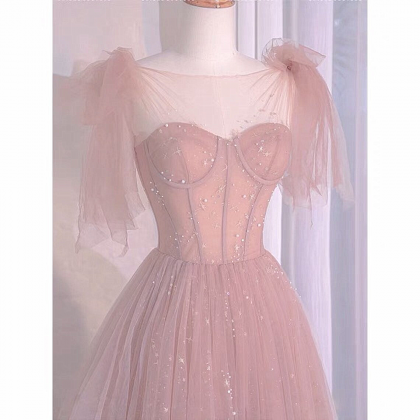 Pink Sweetheart Tulle Straps Long Prom Dress, Pink..