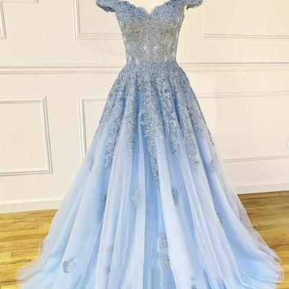 Light Blue Tulle With Lace Off Shoulder Long..