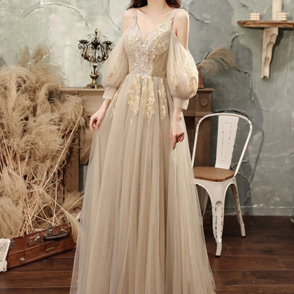 Cute Champagne A Line Tulle Lace Floor Length Prom..