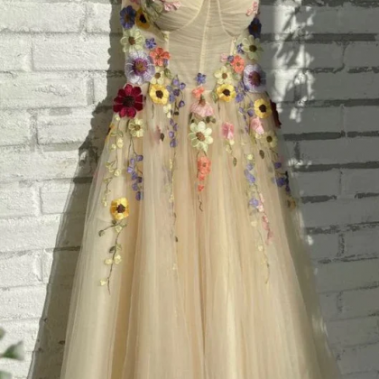 Champagne Tulle Tea Length Formal Dress With..