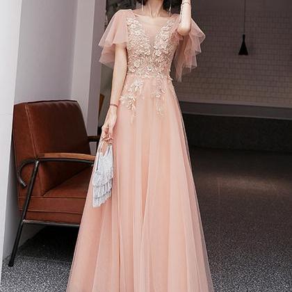 Pink Long A-line Tulle with Lace Pa..
